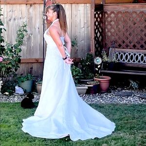 Mori Lee Wedding Gown Dress Empire Corset Beaded Halter Train Size 8 Tall